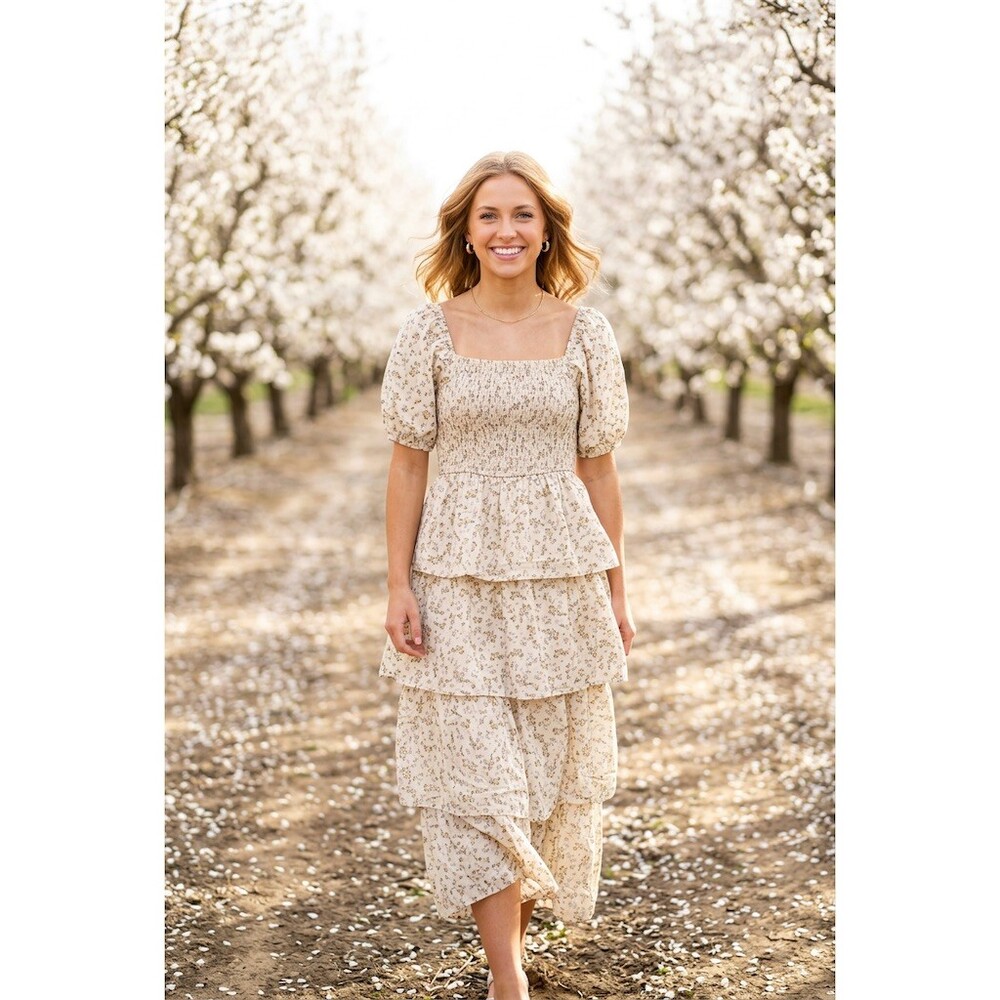 In February Dress Womens L Vanilla Floral Smocked Tiered Maxi Puff Sleeve